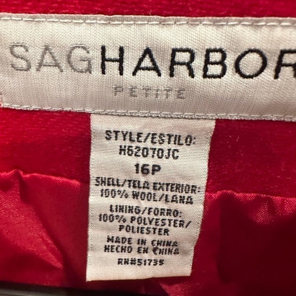 SAG HARBOR 100% WOOL JACKET BLAZER WOMEN'S RED ONE BUTTON SIZE 16 Petite - Picture 3 of 3